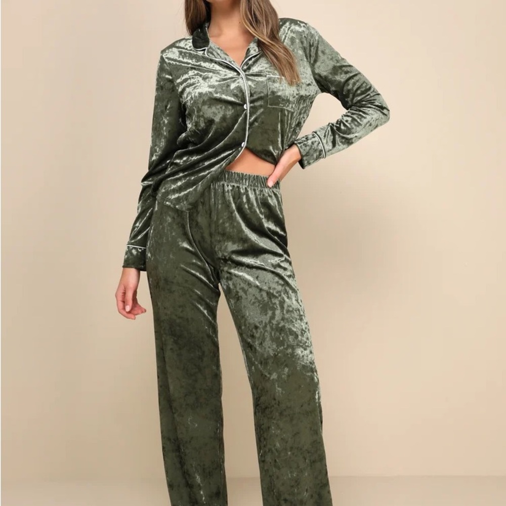 Blissful Slumber Olive Green Crushed Velvet Two-Piece Pajama Set